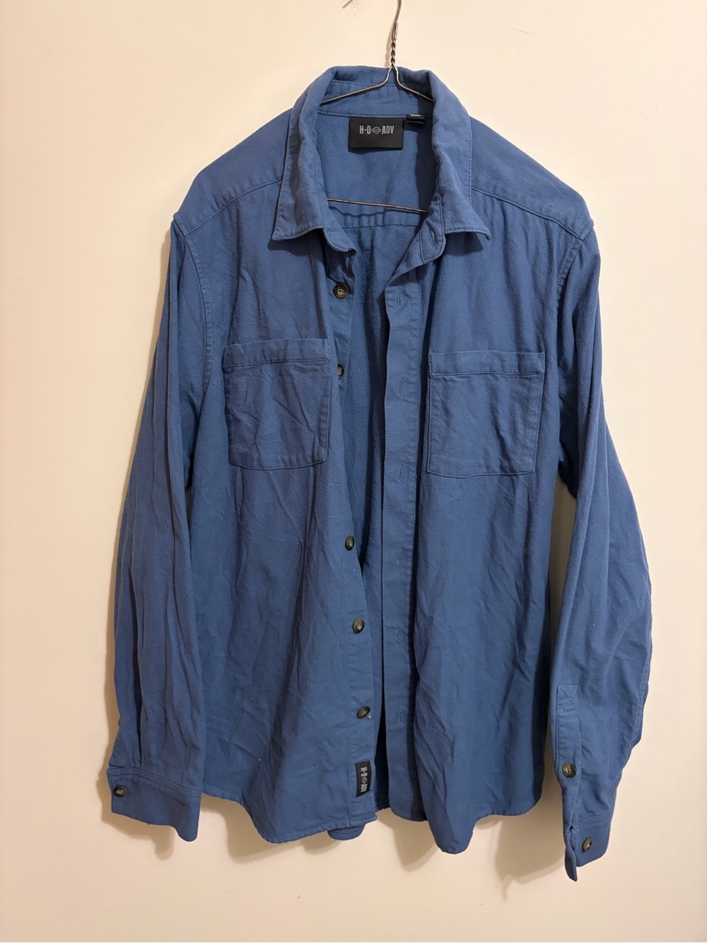 HARLEY DAVIDSON- Men's size large Blue H-D ADV cotton Long Sleeve Woven Shirt.